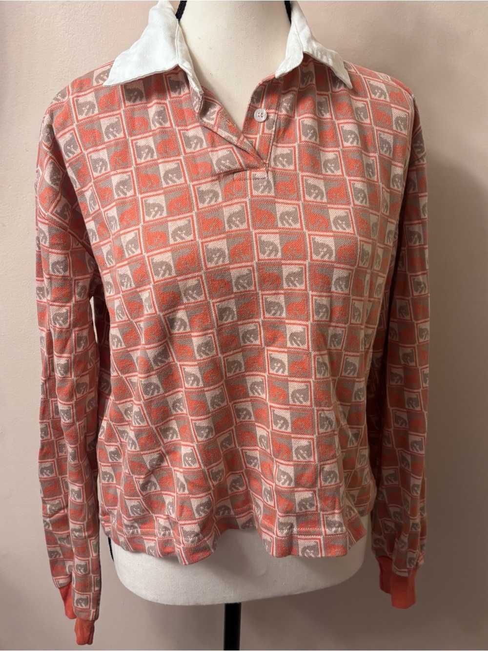 Obey Coral and Cream Long Sleeve Polo Top